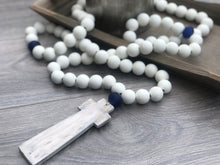 Load image into Gallery viewer, Handcrafted Painted Wooden Cross + Painted White Ocean Glass Closed Garland