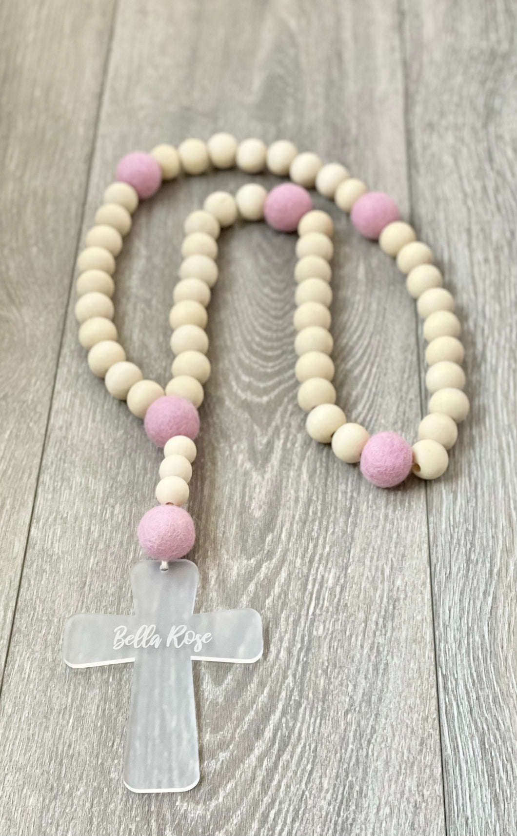 Frosted acrylic cross + handcrafted Pom Pom rosary