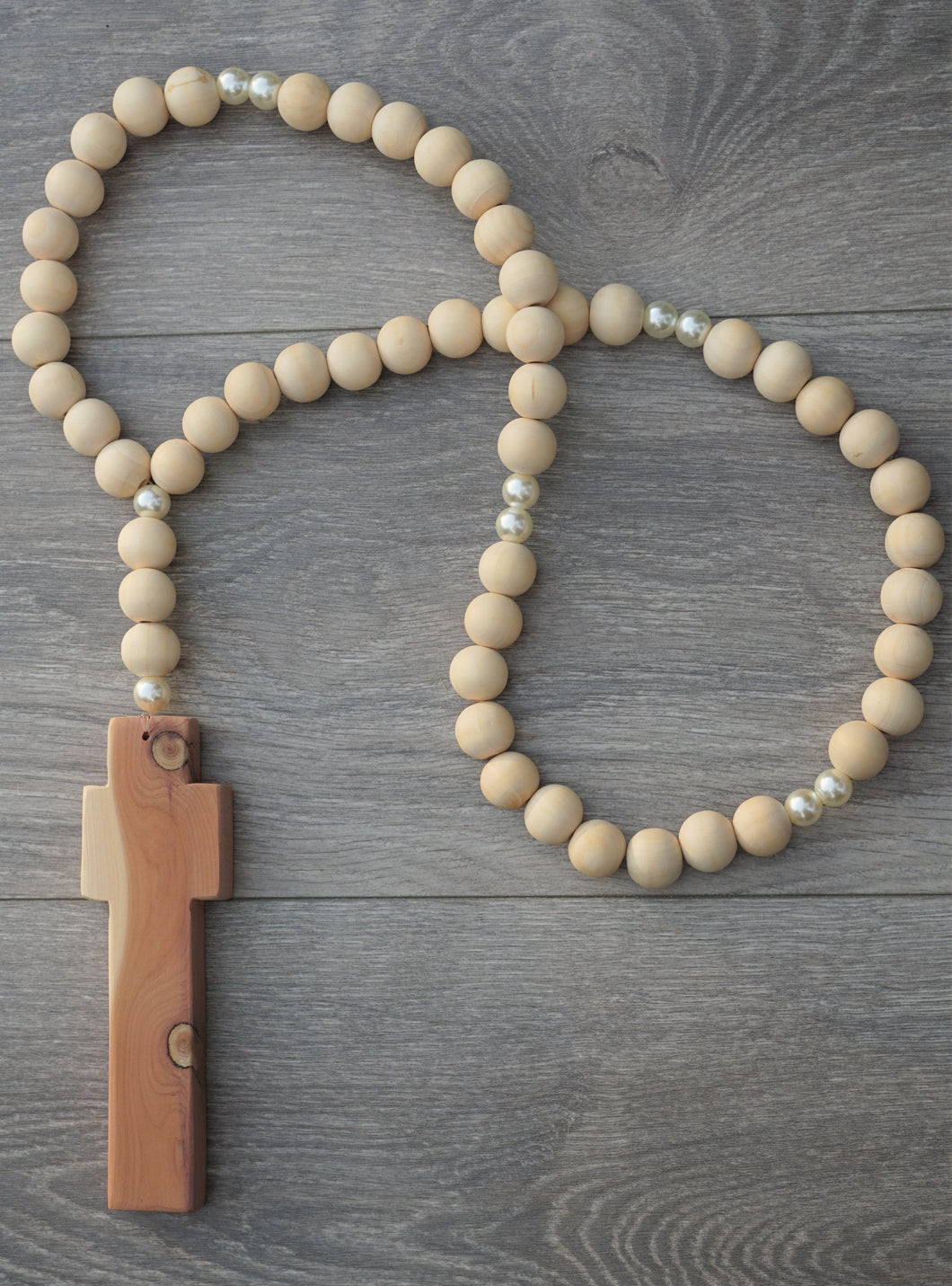Handcrafted Wooden Cross + Double Pearl Rosary