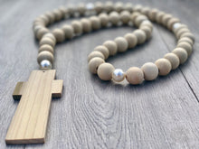 Load image into Gallery viewer, Handcrafted Wooden Cross + Pearl Touch Rosary
