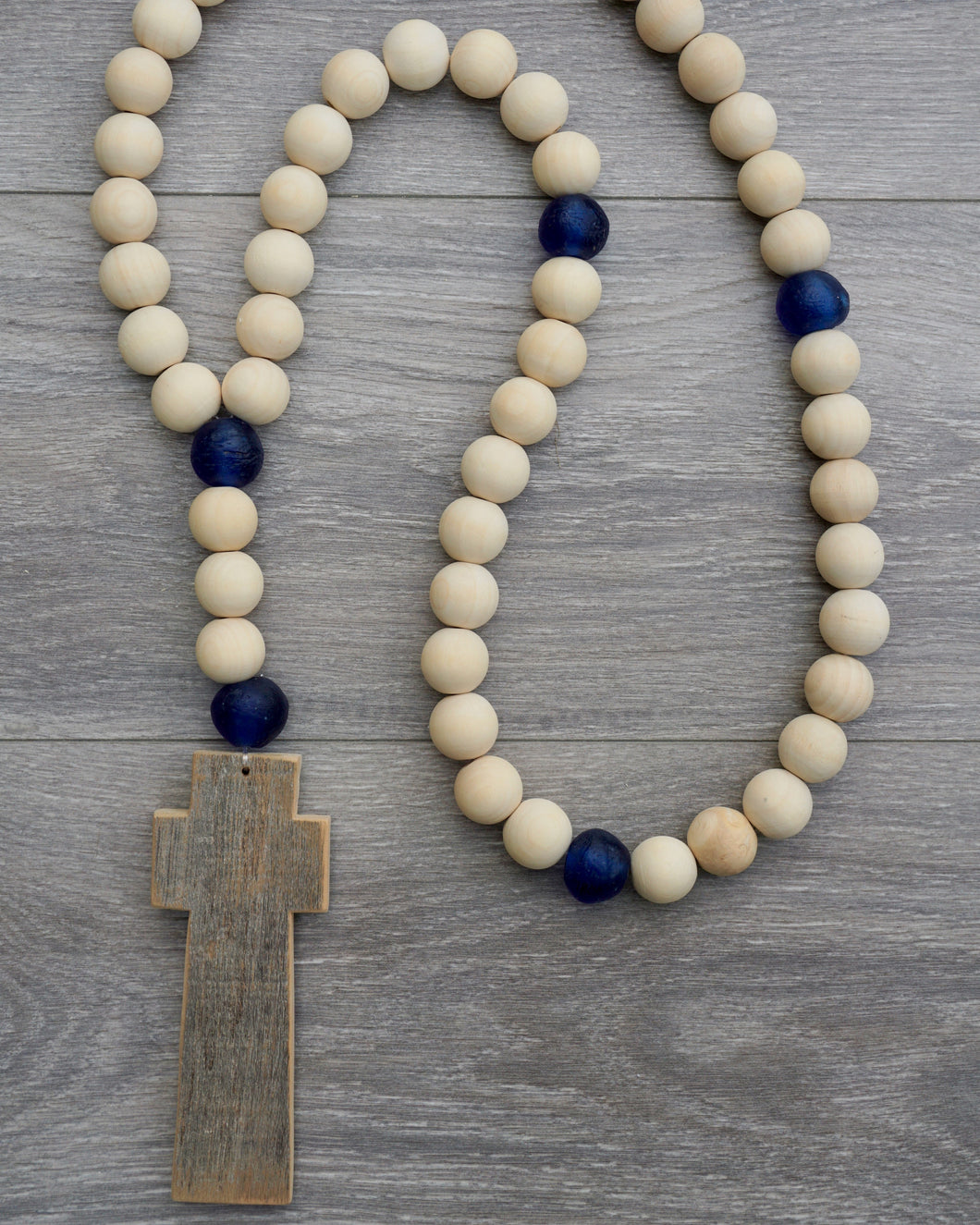 Handcrafted Wooden Cross + Ocean Beads