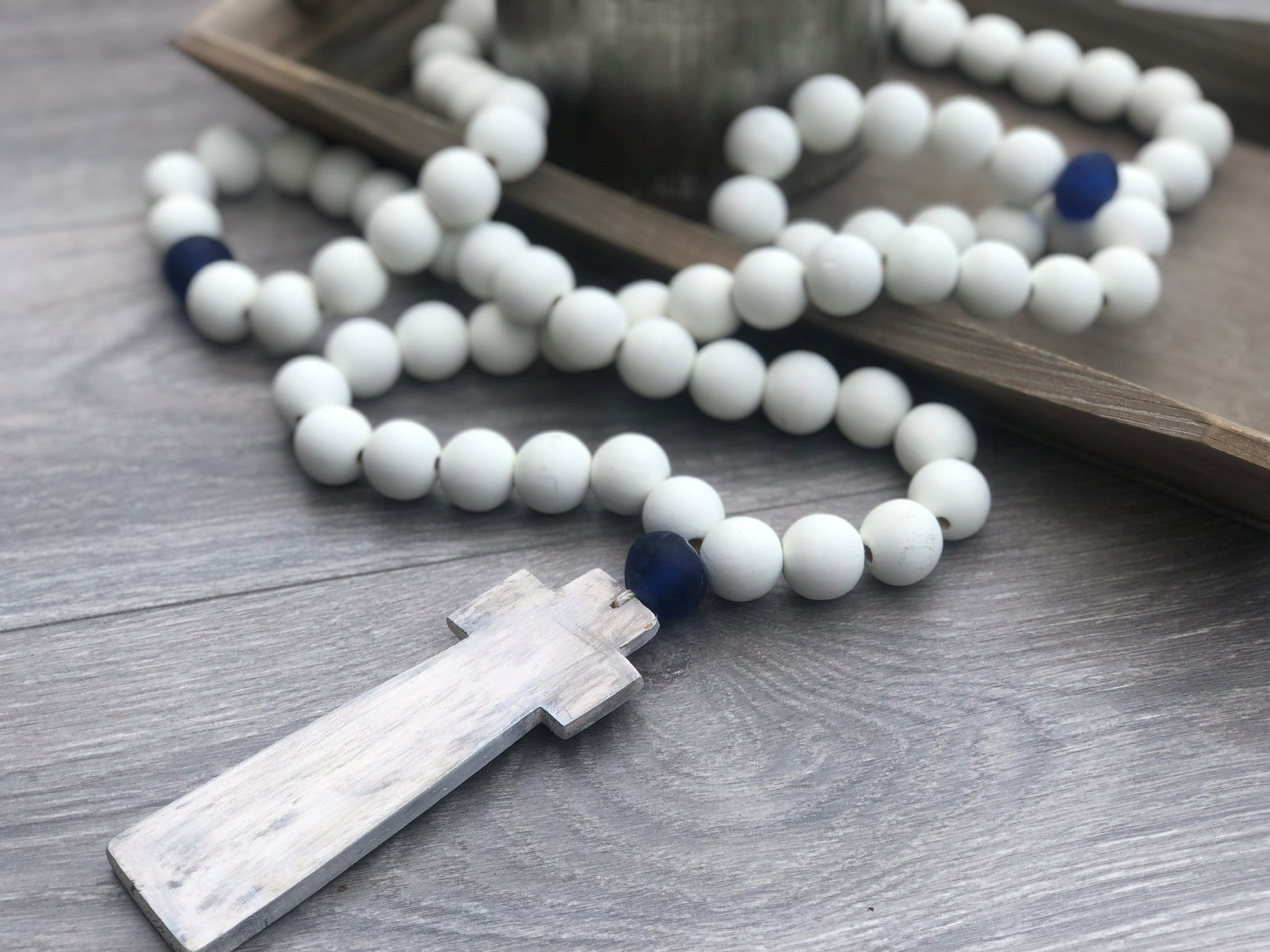 Handcrafted Painted Wooden Cross + Painted White Ocean Glass Closed Garland