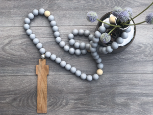 Handcrafted Wooden Cross + Cloudy Gray Painted Beads